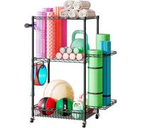 3-Tier Gym Storage Rack with Wheels & Hooks,Heavy Duty Dumbbell Stand