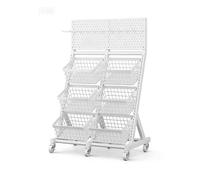 3 Tier Heavy Duty Retail Display Rack on Wheels, Metal Storage Shelf with Hooks, Snack Organizer Stand for Supermarket Kitchen, 38x40x137.5cm