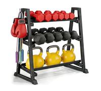 3-Tier Iron Dumbbell Rack,Adjustable Home Gym Storage Racks For Kettlebells & Workout Gear,Organizer With Side Hooks For Boxing Gloves/Jump Ropes,Fitness Equipment Holder,Rack Only
