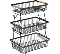 3 Tier Iron Fruit Basket with Wooden Handle丨 Detachable Kitchen Storage Organizer for Countertop丨 Ventilated Stand for Fruits Vegetables Snacks丨 Rack 24x9x35.5cm