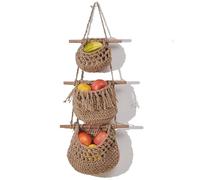 3 Tier Jute Rope Basket, Woven Wall Hanging Organizer for Fruits, Vegetables, Toys amd Decor, Multifunctional Kitchen, Bathroom, Bedroom Storage, Natural Rustic Boho Style
