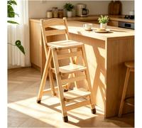 3 Tier Kitchen Step Stool for Adults, Folding Bar Stool with Backrest, Wood Counter Height Ladder Chair