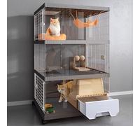 3-Tier Large Indoor Cat Cage With Litter Box | Ventilated & Breathable Enclosure On Wheels | Perfect For 1-2 Cats, Spacious & Comfortable Pet Home,Yellow