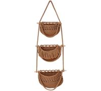 3 Tier Macrame Storage Hanging Basket, Brown Cotton Woven Wall Mounted Fruit Vegetable Organizer, Handmade Farmhouse Decor with Tassels for Kitchen Produce, Nursery, Boho Home, 35.4 in / 90 cm Tall