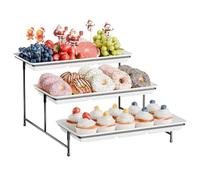 3-Tier Melamine Serving Tray Set, 36cm*18cm Platters for Serving Food, White Reusable Trays with Black Metal Display Stand for Cupcakes, Sevring Food, Dessert, Fruit, Cookie, Black