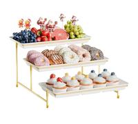 3-Tier Melamine Serving Tray Set, 36cm*18cm Platters for Serving Food, White Reusable Trays with Golden Metal Display Stand for Cupcakes, Sevring Food, Dessert, Fruit, Cookie, 24K Gold-Plated