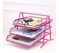 3 Tier Metal Mesh Letter Tray,Desk Office Filing Trays Organizer,Paper Document Stackable Storage Supports Organiser,Desk Letter Filing Tray Holder (Pink)