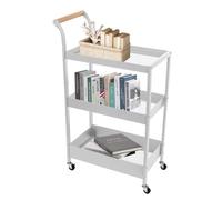 3-Tier Metal Rolling Utility Cart with Wooden Handle - Mobile Storage for Bathroom, Kitchen, Laundry, Garage, Office - White, Versatile, Easy-Move