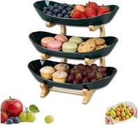 3-Tier Oval Fruit Bowl Stand, Vertical Space-Saving Countertop Organizer with Natural Bamboo Frame, Stackable Plastic Serving Trays for Fruits Veggies Snacks Desserts (Green,2)