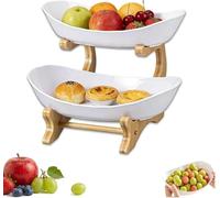 3-Tier Oval Fruit Bowl Stand, Vertical Space-Saving Countertop Organizer with Natural Bamboo Frame, Stackable Plastic Serving Trays for Fruits Veggies Snacks Desserts (Green,2)