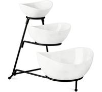 3-Tier Oval Serving Bowl Set with Collapsible Metal Rack - Perfect for Chips Dips Desserts Appetizers Fruits & Vegetables - Elegant White Bowls for Entertaining (Black Stand)