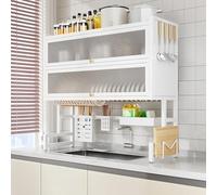 3 Tier Over Sink Dish Drying Rack with Cover Space Saving Kitchen Multifunctal Carbon Steel Shelf for Efficient Sto & Draina White 37.4"x11.8"x31.5"