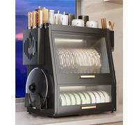 3-Tier Over Sink Dish Drying Rack with Dustproof Cover Kitchen Countertop& Storage Shelf Pantry Seasoning Rack for Kitchen & Dining Room (Black)