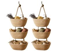 3-Tier Over The Door Hanging Baskets Storage, 3-Tier Wall-Hanging Storage Organizer, Hand-Weaving Detachable Cotton Rope Wall Basket for Organizing Living Room, Kitchen, Bedroom (Khaki*2)