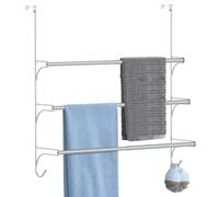 3 Tier Over the Door Towel Rail, Adjustable Bathroom Towel Rack with 2 Hooks, Hanging Towel Holder for Storage Organiser Towelsor Clothes, Silver