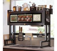 3-Tier Over The Sink Dish Drying Rack Large Metal Kitchen Drainer with Dustproof Cabinet Door & Utensil Holder Space-Saving Countertop nizer (Black 95CM/37.4IN)