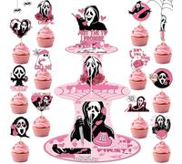 3-Tier Pink Horror Ghost Cupcake Stand with 12pcs Cupcake Toppers Pink Halloween Cake Decorations Halloween Cardboard Dessert Tower Horror Scray Ghost Food Display Cake Stand for Halloween Party