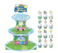 3-Tier Pink Pig Cupcake Stand, Birthday Party Supplies Include 12 Cupcake Wrappers and 12 Cake Toppers for Pink Pig Themed Party Decorations