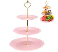 3 Tier Plastic Cake Stand Tiered Serving Embossed Stand Reusable Food Serving Platter Dessert Cupcake Holder for Party Birthday Wedding Graduation Afternoon Tea Tray for Cookies Fruits Candy (Pink)