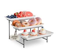 3 Tier Plastic Serving Tray for Party, 29cm*14cm Platters for Serving Food, Microwave-Safe, White Reusable Trays with Black Metal Display Stand for Cupcakes, Sevring Food, Dessert, Fruit, Black