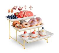 3 Tier Plastic Serving Tray for Party, 29cm*14cm Platters for Serving Food, Microwave-Safe, White Reusable Trays with Black Metal Display Stand for Cupcakes, Dessert, Fruit, Cookie, Gold