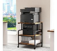 3-Tier Printer Stand, Large Printer Table on Wheels, Movable Printer Stand with Storage, Rolling Printer Cart for Fax Scanner Files Media Player, Multifunctional Trolley for Office Home Kitchen, Brown