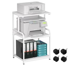 3-Tier Printer Stand, Large Printer Table on Wheels, Movable Printer Stand with Storage, Rolling Printer Cart for Fax Scanner Files Media Player, Multifunctional Trolley for Office Home Kitchen, White