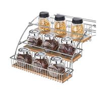 3-Tier Pull-Out Cabinet Organizer, Stainless Steel & Wooden Pull-Down Shelf, Space-Saving Storage for Kitchen, Pantry, Café