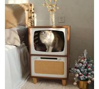 3 Tier Retro TV Cat House Bedside Table, Wooden Bedside Table | Small End Side Table, Multi-Functional Cat Furniture for Bedroom, Living Room