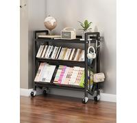 3-Tier Rolling Book Cart Mobile V-Shaped Bookshelf with Lockable Wheels & Hooks Sturdy Lightweight Metal Storage for Library Office Classroom Bedroom - 35.4x9.8x32 Inch Black