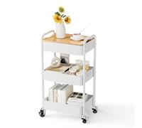 3 Tier Rolling Cart with Table top, Metal Rolling Utility Cart on Wheels, Sturdy Storage Organizer Cart with Hooks for Office, Classroom, Kitchen and Bathroom (White)