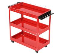3 Tier Rolling Tool Cart, Metal Utility Trolley with Side Hooks, Deep Shelf Storage Cart on Rubber Castors, Garage Workshop Office Organiser, 150 kg Load, 71 x 35 x 72 cm (Red)