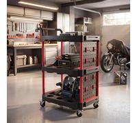 HOMCOM 3-Tier Rolling Tool Cart with Pegboard and Hooks, Storage Trolley Wheel Cart with Brakes, Black & Red