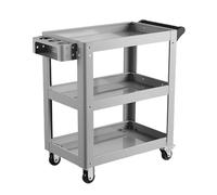 3-Tier Rolling Tool Cart with Hooks - 400kg Capacity - Lockable Service Trolley for Garage, Home, Hotel, Repair & Workshop - Silver Utility Cart