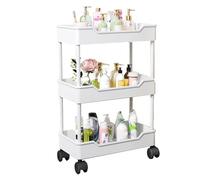 3-Tier Rolling Utility Cart, Plastic Storage Cart with Drain Hole Baskets, 360° Rotating Wheels, Heavy-Duty, Multi-Purpose for Home Office Kitchen Bathroom, White
