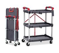 3 Tier Service Cart, Folding Rolling Utility Cart with Heavy Duty Metal Frame, Lockable Silent Wheels, 2 Handles & Fixed Rope, Supports Up to 90kg, for Home, Office, Garage, Workshop, Warehouse