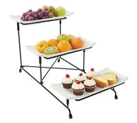 3 Tier Serving Tray Set, 9.5x23cm Detachable Plastic Server Platters with Collapsible Metal Display Stand, Reusable Food Serving Dish for Buffets, Cake, Snack, Veggie, Fruit