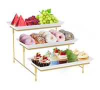 3 Tier Serving Tray Set for Party,29.5x14.9cm Plastic Platters for Serving Food,White Reusable Trays with Metal Display Stand for Buffets, Cake, Snack, Veggie, Fruit, Cookies, Dessert, Dishes