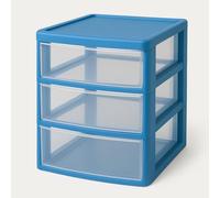 3 Tier Slim A4 Plastic Storage Drawer Tower - Desktop & Tabletop Organizer Unit for Home, Office, School, Garage | Modular Portable Drawers for Stationery, Paper & Craft Supplies (Blue)