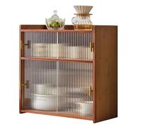 3-Tier Small Bamboo Kitchen Pantry Sideboard, Free Standing Pantry Cabinet with Sliding Striped Glass Doors, Large Capacity kitchenware and Seasoning Storage, Suitable for Desktop Bedroom Living room