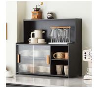 3-Tier Small Bamboo Kitchen Pantry Sideboard with Glass Doors - Independent Storage Console for Bottles & Plates - Black Dining Credenza - 67x61cm / 26x24in