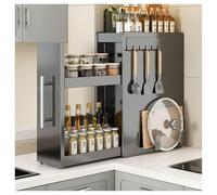 3 Tier Spice Rack with Drawer Heavy Duty Slide Out Metal Storage Shelf Vertical Kitchenfor Seasonings & Condiments Slim Cabinet Rack (Black Large)