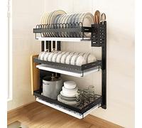 3-Tier Stainless Steel Wall-Mounted Dish Rack with Draining Tray Cutlery Holder & Hoo - Kitchen nizer for Plates Bowls Cups Fruits & s