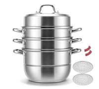 3-Tier Steamer Pot 28cm, Large Stainless Steel Stackable Cooking Pot Set | Glass Lid & Silicone Handles, Multi Vegetable Seafood Dim Sum Steamer, For Induction Gas Ceramic Hob,Dishwasher Safe