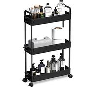 3-Tier Storage Trolley Cart Slide-out Slim Rolling Utility Cart Mobile Storage Shelving Organizer for Kitchen, Bathroom, Laundry Room, Bedroom, Narrow Places, Plastic, Black