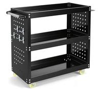3-Tier Tool Trolley on Wheels, Rolling Tool Storage Cart with Handle, 4 Wheels (2 Swivel+2 Fixed) Side Hanging Holes & Hooks, Rolling Utility Service Trolley for Workshop Garage Kitchen, Carbon Steel