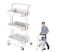 3 Tier Trolley, Rolling Utility Storage Car with Wheels & Hanging Cups & Hooks Storage Organization Shelves, for Kitchen, Bathroom, Office, Library, Coffee Bar Trolley Service Cart (White)