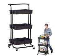 3 Tier Trolley, Rolling Utility Storage Car with Wheels & Hanging Cups & Hooks Storage Organization Shelves, for Kitchen, Bathroom, Office, Library, Coffee Bar Trolley Service Cart (Black)