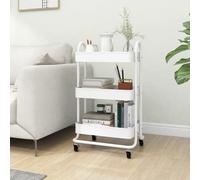 3-Tier Trolley White Steel 43x34x79cm Mobile Storage Cart with 4 Wheels Brakes.