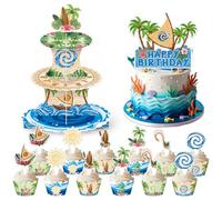 3-Tier Tropical Hawaiian Birthday Cupcake Stands Cartoon Movie Theme Tropical Flower Party Decorations Cardboard Cake Stand Dessert Tower Holder for Boys Girls Baby Shower